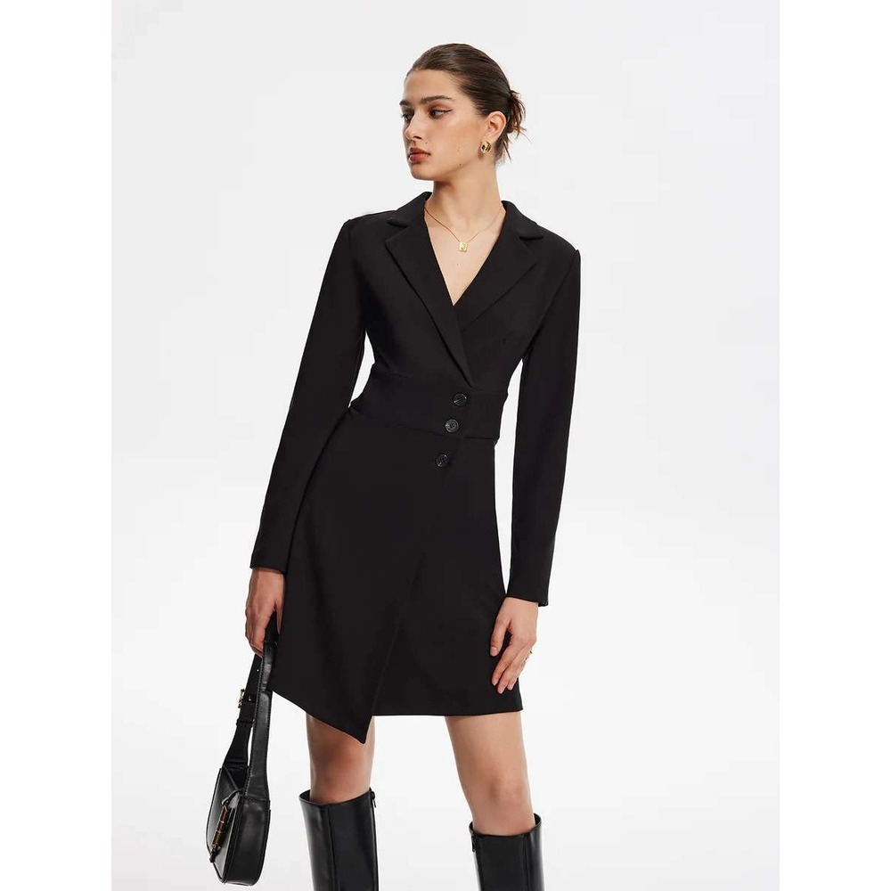 Commense Blazer Dress Mini Long Sleeve Button Front Asymmetric Black Size XL